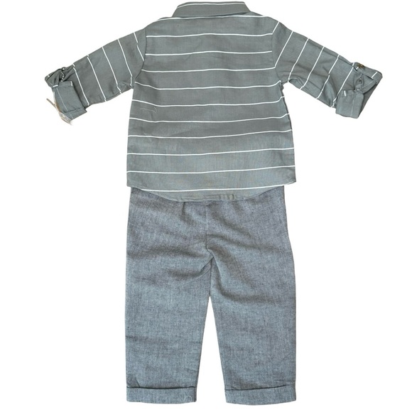 NWT MINICLASIX 2 Piece Woven Striped Shirt and Pant Set Sage Grey Size 12M - Picture 11 of 16